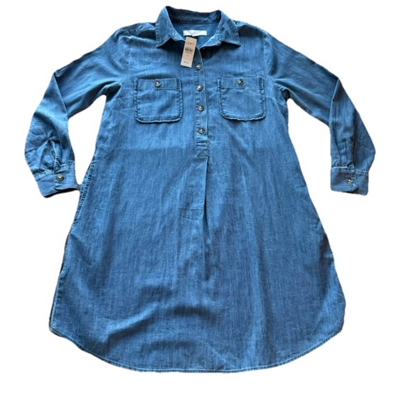 NWT Loft Denim Shirt Dress Chambray Blue Size Medium Long Sleeve Button Front - Picture 7 of 9